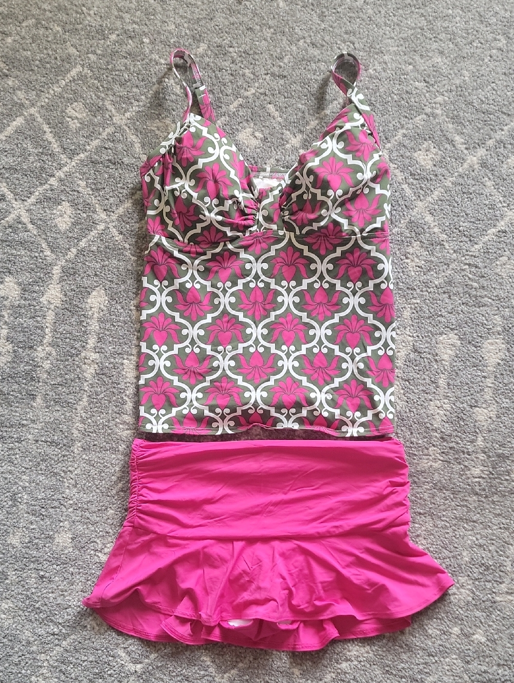 Lands' End Floral Tankini Set Size 8D with Solid Pink Swim Skirt